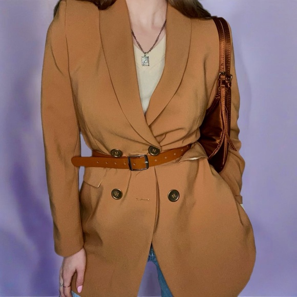 New Zara Camel Brown Oversized Dual Pocket Blazer Double Breasted Gold Detail - Picture 7 of 7
